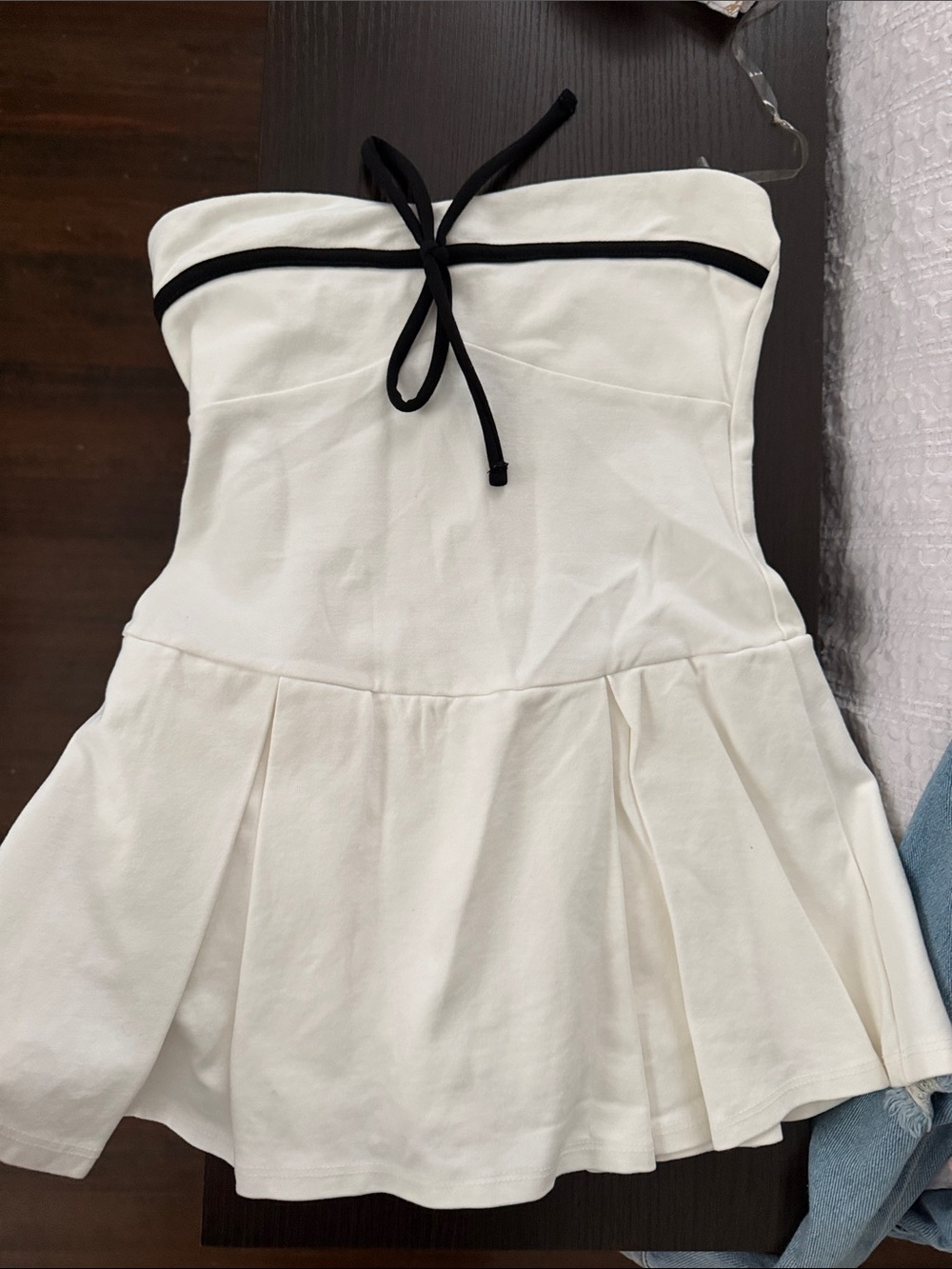 White Strapless Skater Dress with Black Trim